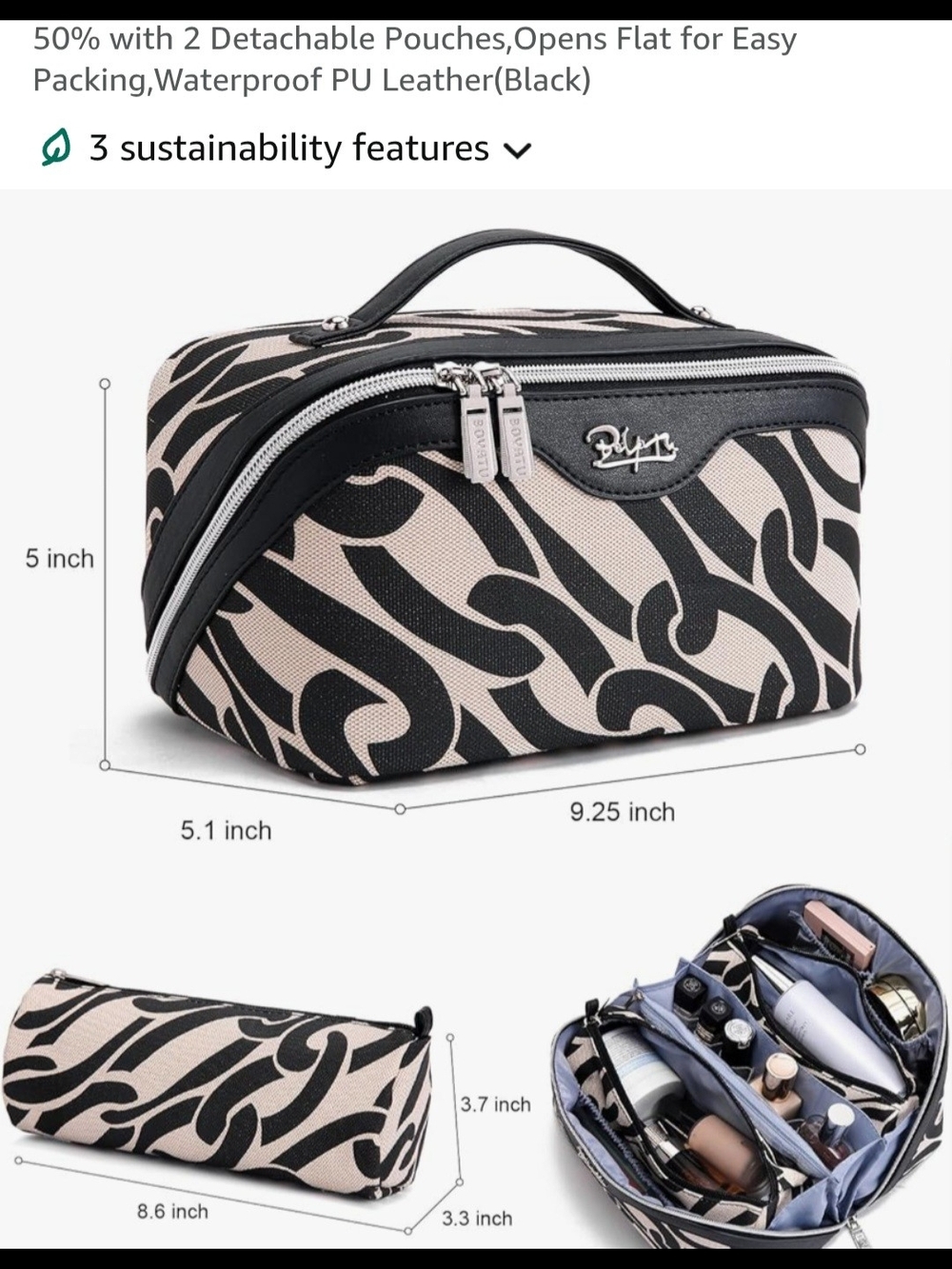 Black & Cream Printed Cosmetic Travel Organizer - Picture 3 of 7